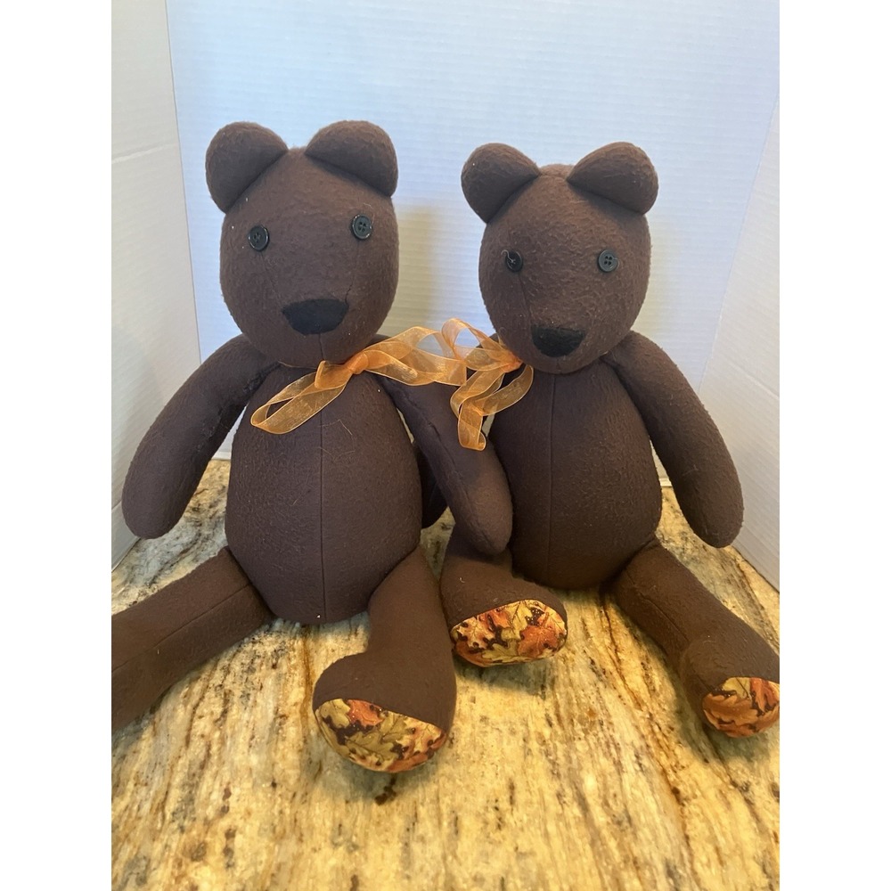 Handcrafted Vintage Fleece 15" Brown Teddy Bear Button Eyes Autumn Themed Pair